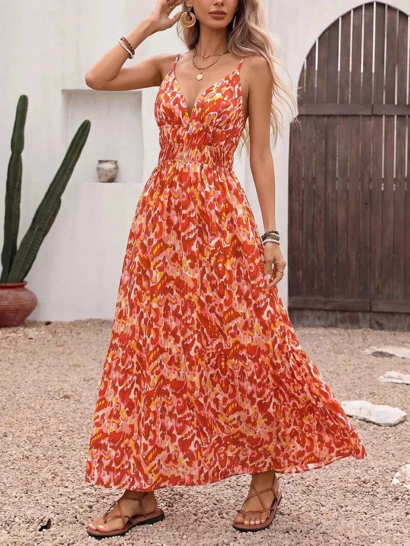Printed V-neck sleeveless smocked maxi dress — additional view 3