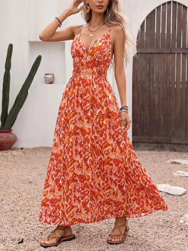Printed V-neck sleeveless smocked maxi dress — additional view 3