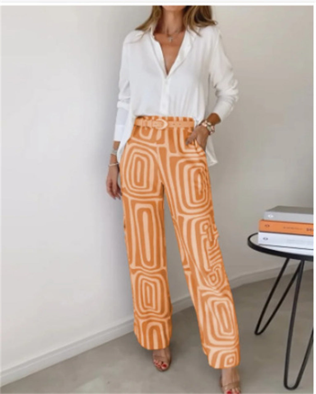 Women’s Printed Lapel Shirt & Wide-Leg Pants Set, close-up product view