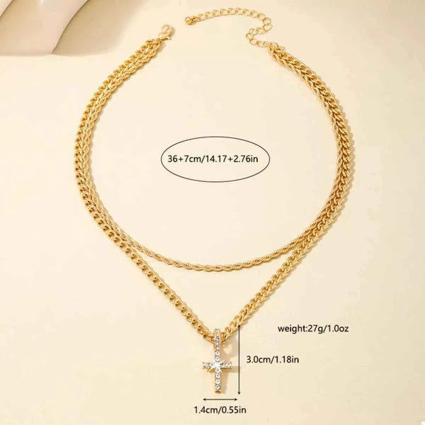 Layered gold chain cross pendant necklace — additional view 6