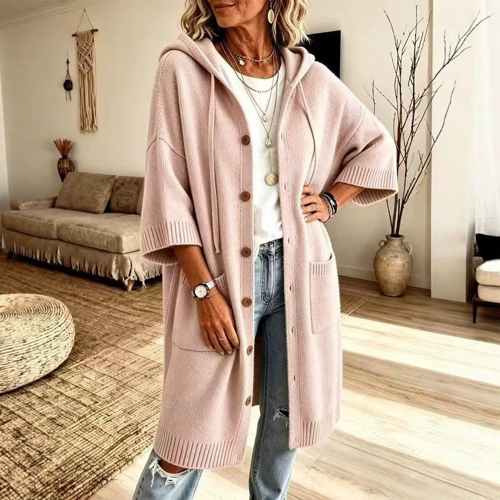 Hooded knitted cardigan coat, front view