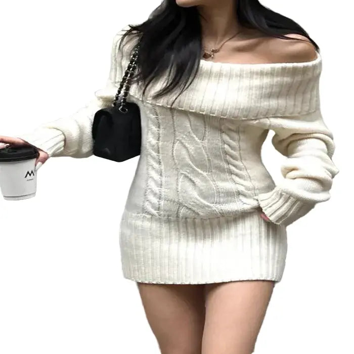 Off-Shoulder Cable-Knit Mini Sweater Dress product image