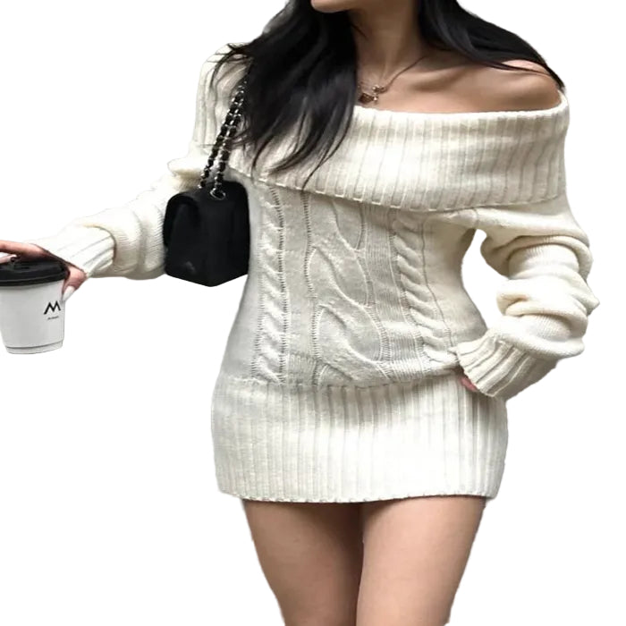 Cream off-shoulder cable-knit mini sweater dress with a folded neckline