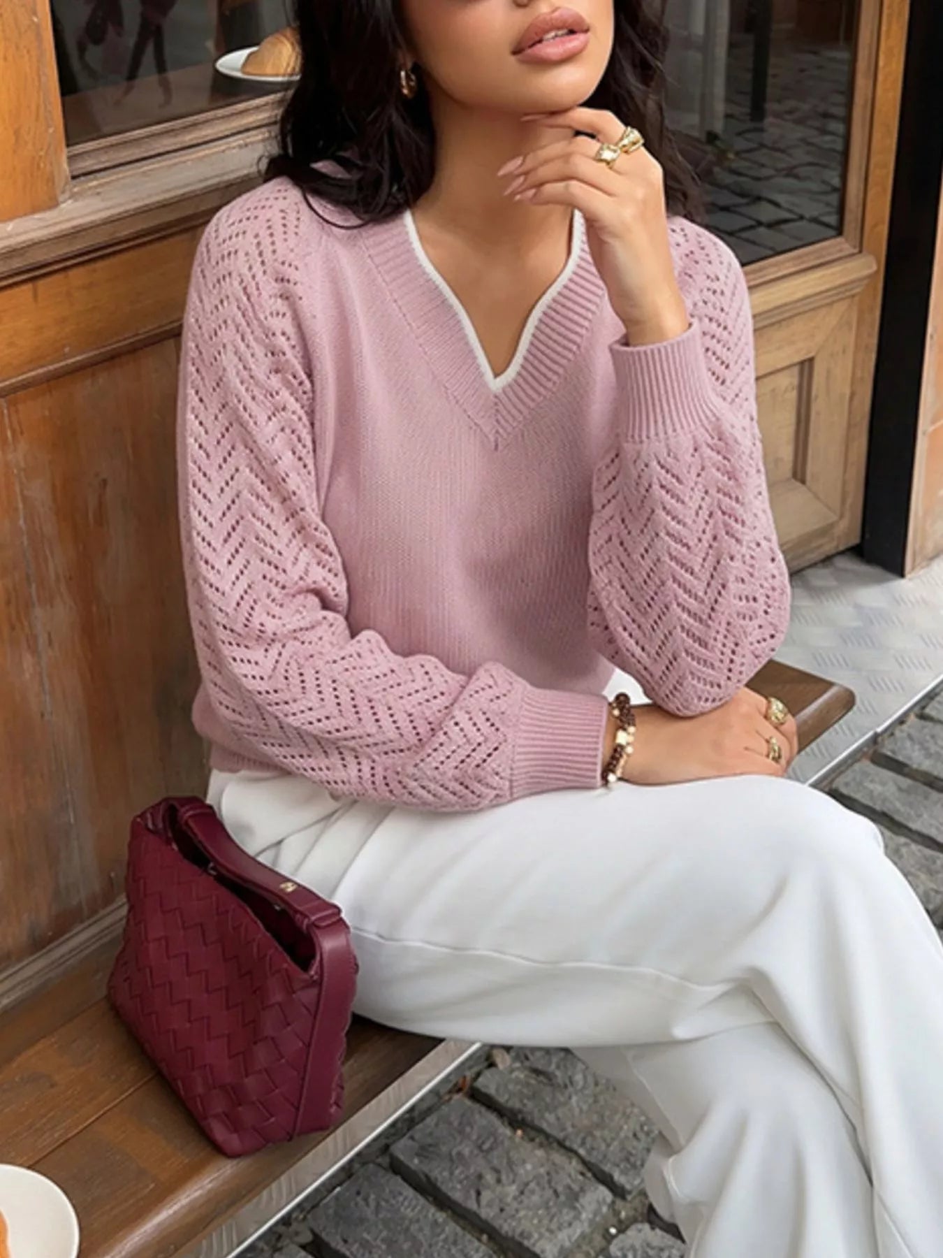 V-neck openwork long sleeve sweater — additional view 3