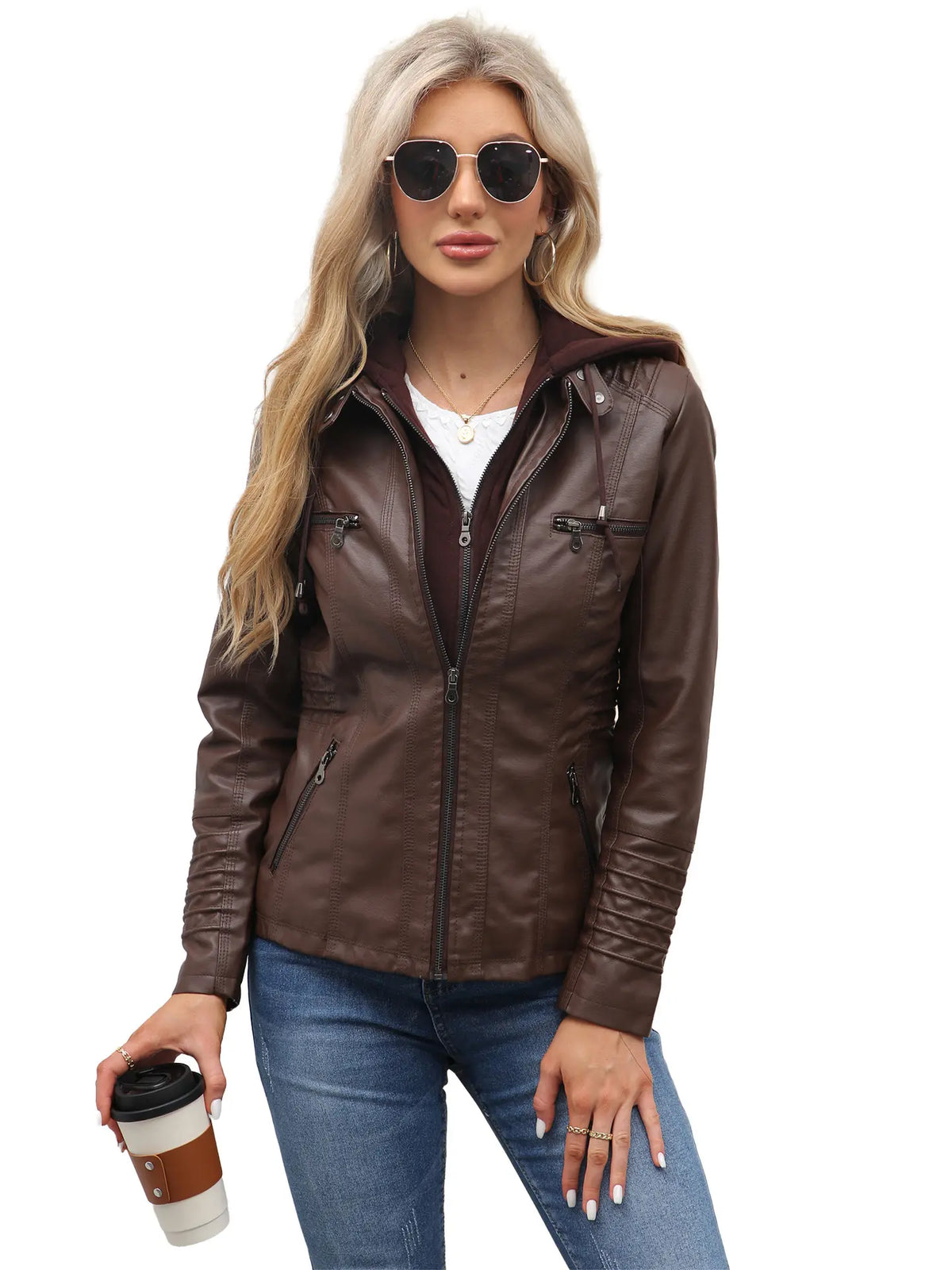 Women's Faux Leather Hooded Jacket – Removable Hood, 8 Colours product image