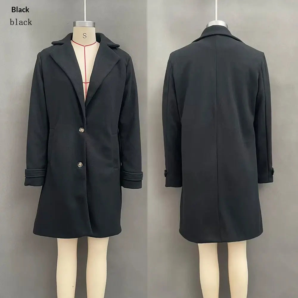 Plain black lapel coat with front buttons, front and back views