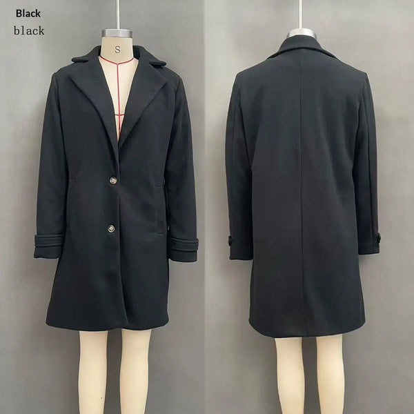 Plain black lapel coat with front buttons, front and back views