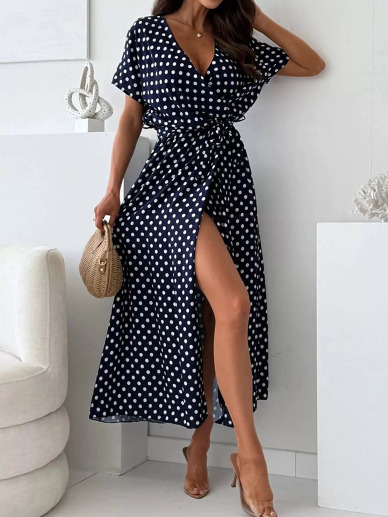 Polka Dot Surplice Maxi Dress with Slit view 11