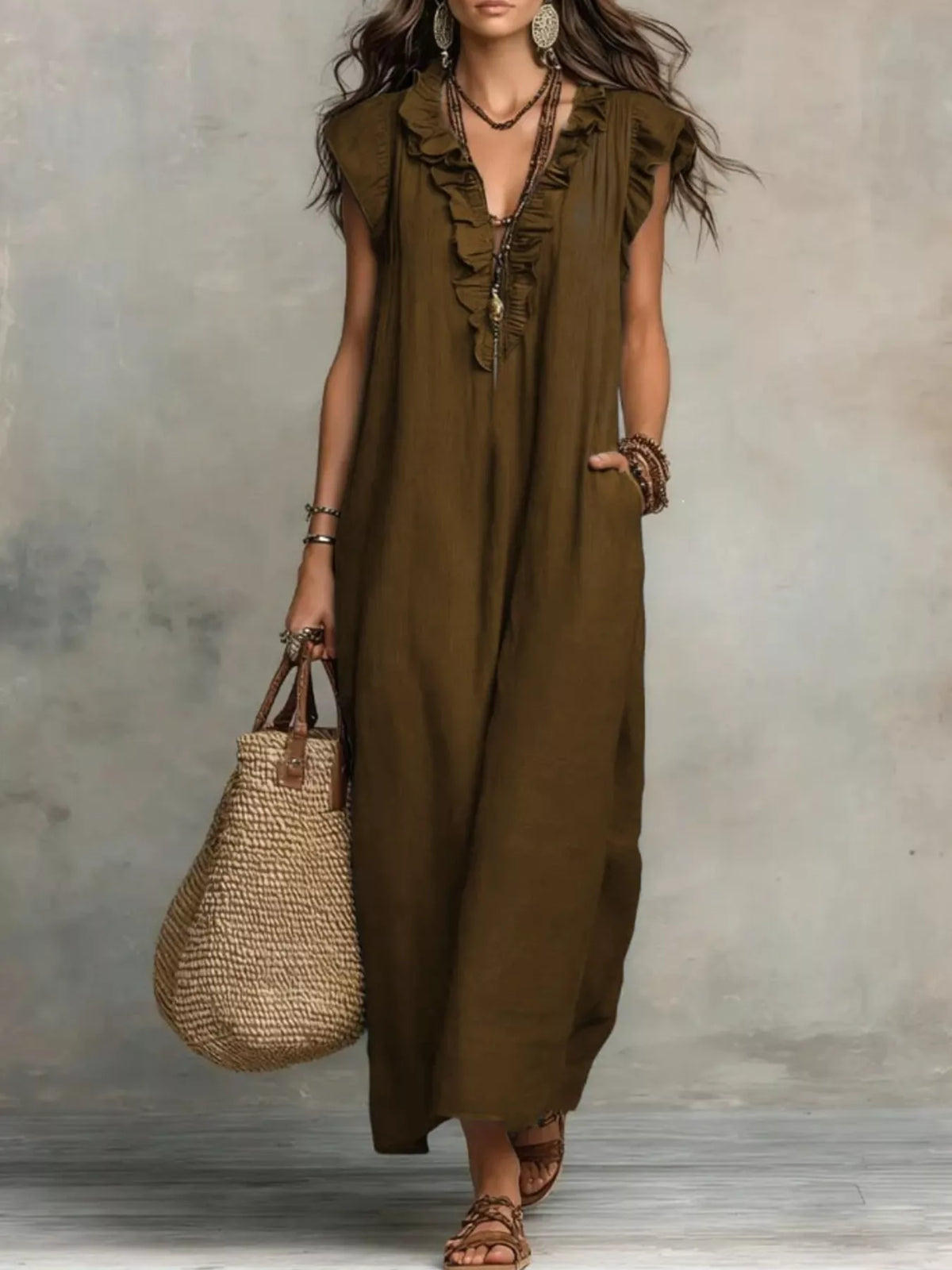 Ruffled V-Neck Maxi Dress, product view 8