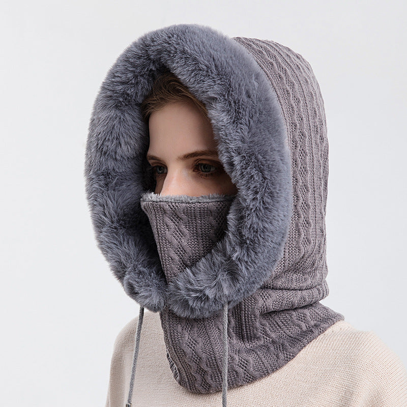 Grey plush hooded hat with scarf for women
