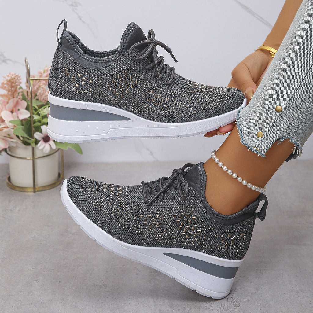 Women's Rhinestone Lace-Up Wedge Sneakers-Splashis, alternate view 2