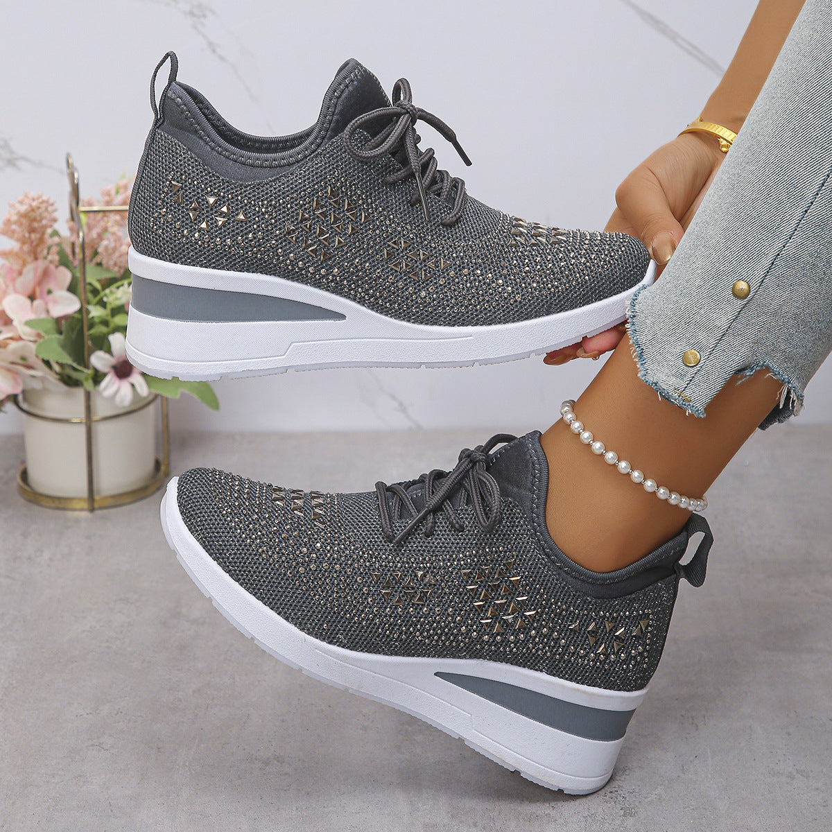 Women's Rhinestone Lace-Up Wedge Sneakers-Splashis, alternate view 2