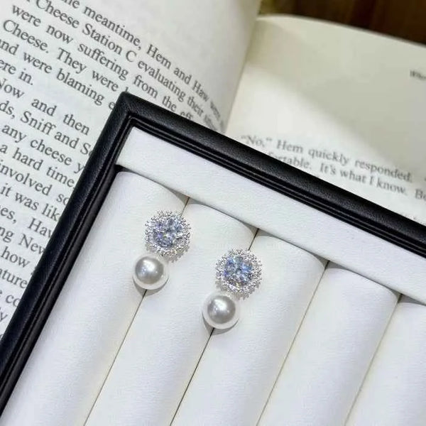 Zircon pearl drop earrings in silver-plated alloy — primary view