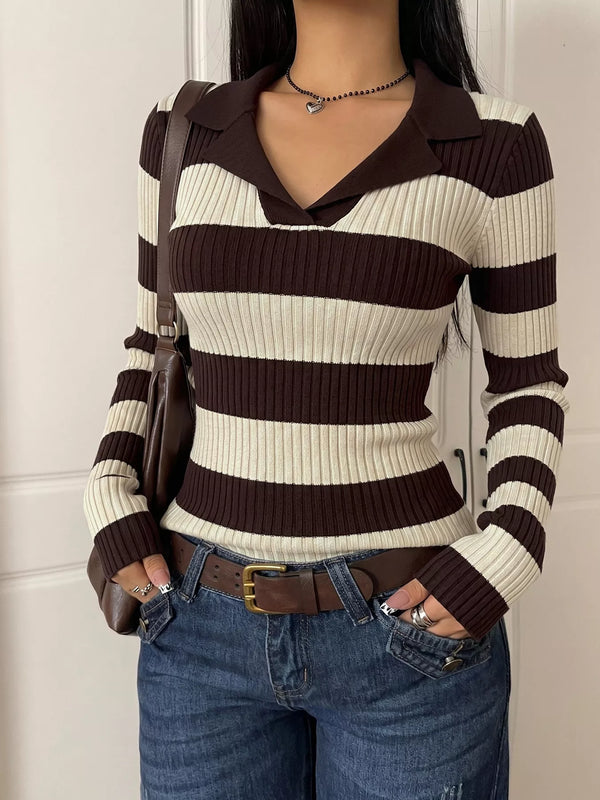 Striped Ribbed Knit Long Sleeve Sweater view 4