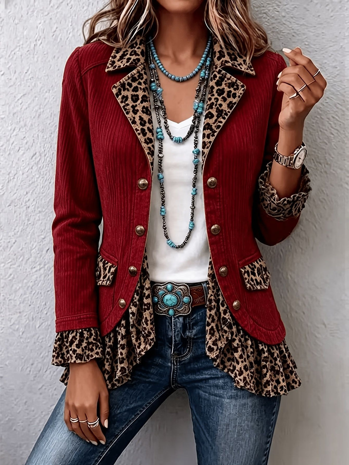 Anno Women's Fashion Casual Elegant Leopard Print Lapel Solid Color Blazer additional product view