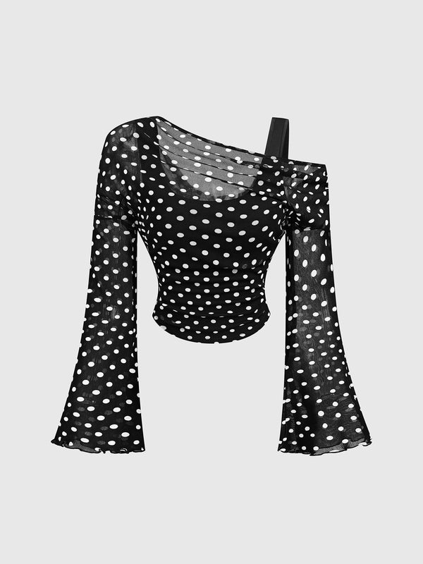 Product detail photo of Mesh Neck Pleated Long Sleeve Top, Blouse, mesh neck pleated long sleeve top, everyday style