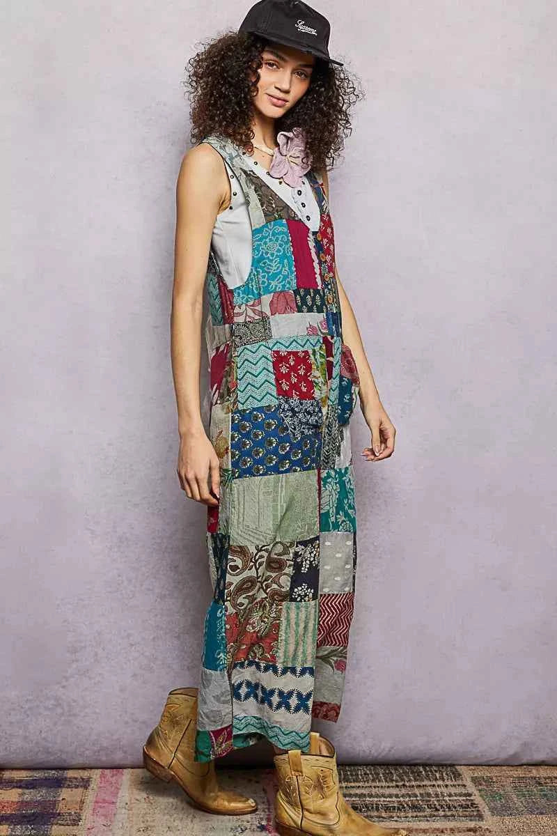 Sleeveless patchwork wide leg jumpsuit — additional view 3