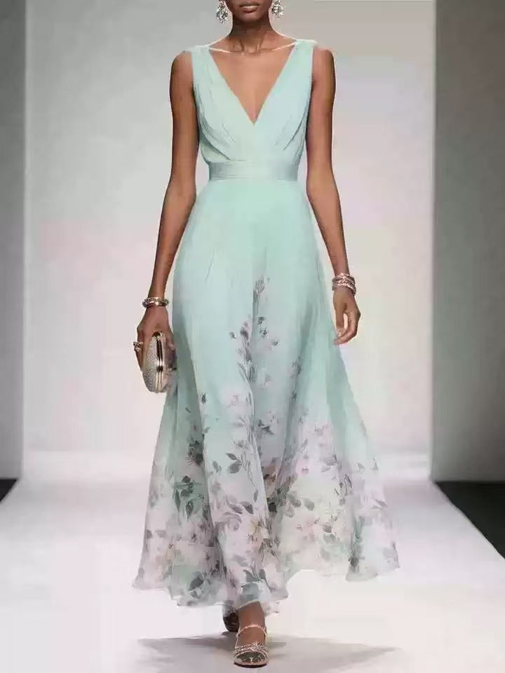 V-Neck Slim-Fit Chiffon Evening Gown