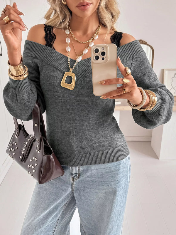 Off-Shoulder Lace Trim Sweater view 3