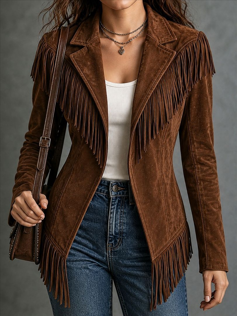 Fringe-trim faux suede jacket for women, image 9