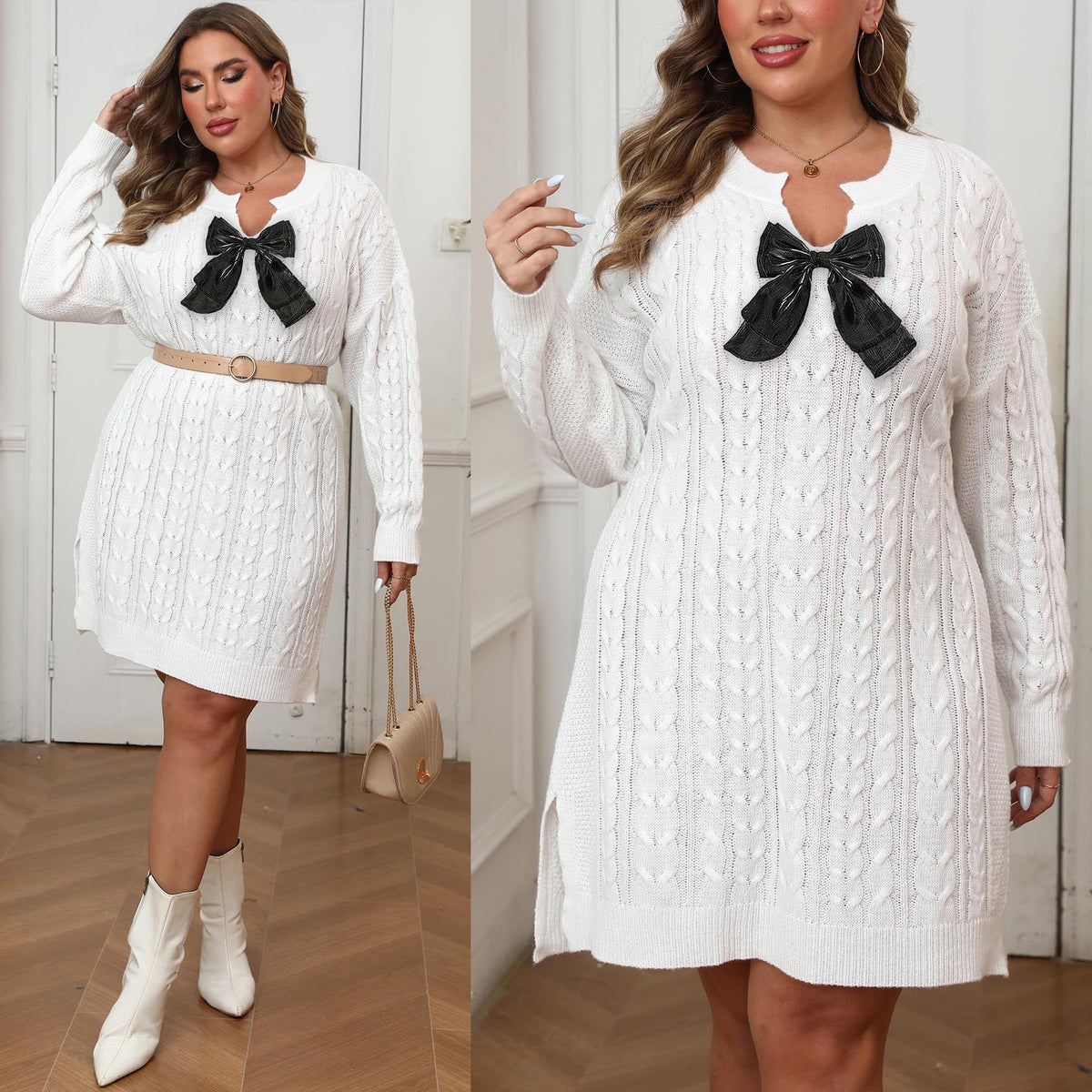 Women's Plus Size V-Neck Cable Knit Bow Dress product image