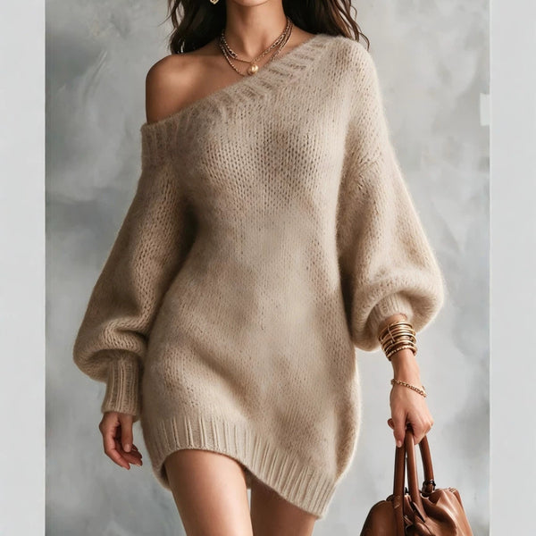 Beige fuzzy sweater with an asymmetric neckline and long sleeves, worn by a model