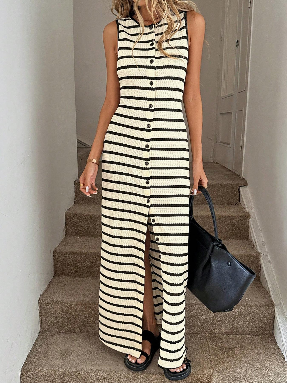 Striped Knit Sleeveless Summer Dress - Beige additional product view