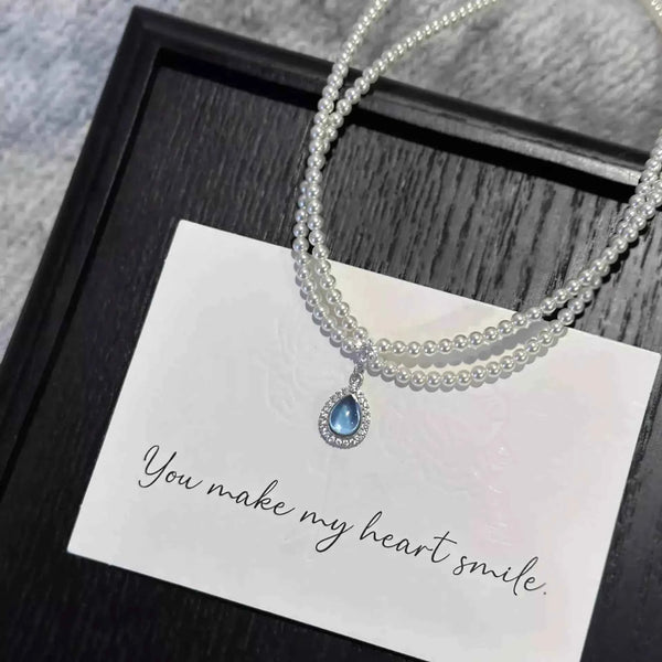 Double layer pearl necklace with teardrop pendant — additional view 7