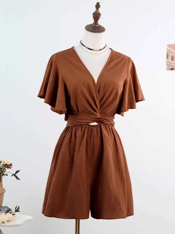 Tie Waist Flutter Sleeve Romper-Romper-Splashis-Color:Dark Brown-Size:XL-Splashis