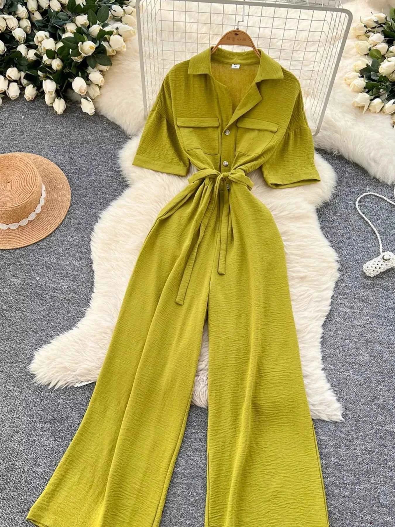 Belted Tie Waist Wide Leg Jumpsuit-Jumpsuit-Splashis-Splashis