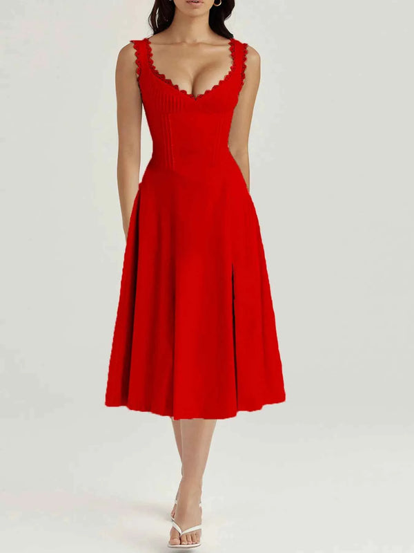 Scalloped V-neck midi dress with back lace-up — additional view 4
