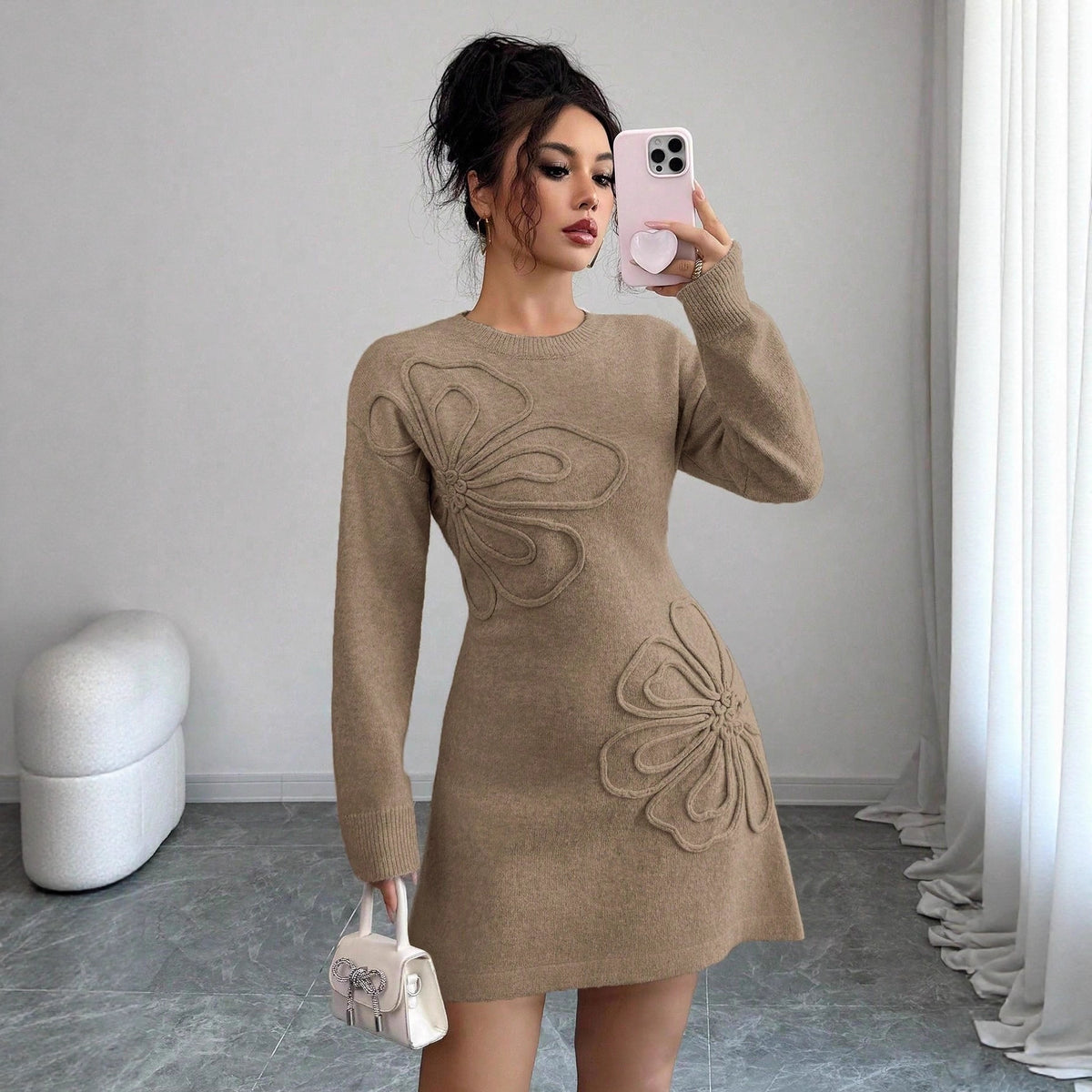 Women's Solid Color Crew-Neck Embroidered Sweater Dress additional product view