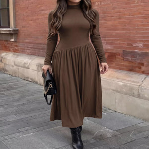 Brown mock neck long sleeve midi dress for women