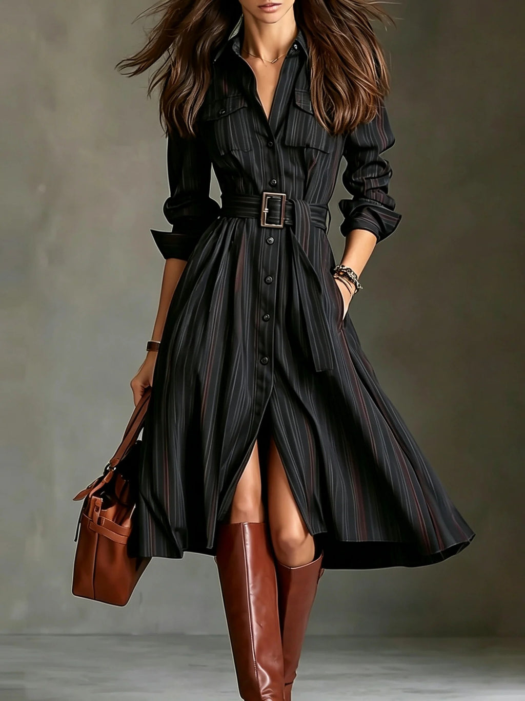 Belted Cinched-Waist Mid-Length Shirt Dress – view 5