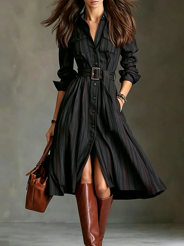 Belted Cinched-Waist Mid-Length Shirt Dress – view 5