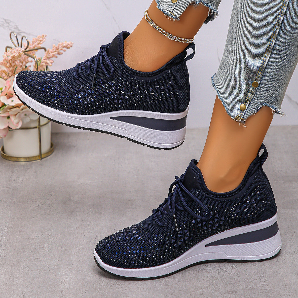 Dark Blue rhinestone lace-up wedge sneakers for women