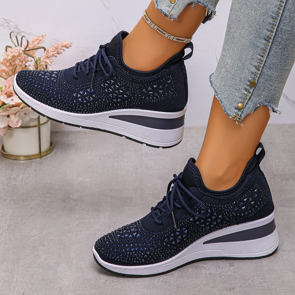 Dark Blue rhinestone lace-up wedge sneakers for women