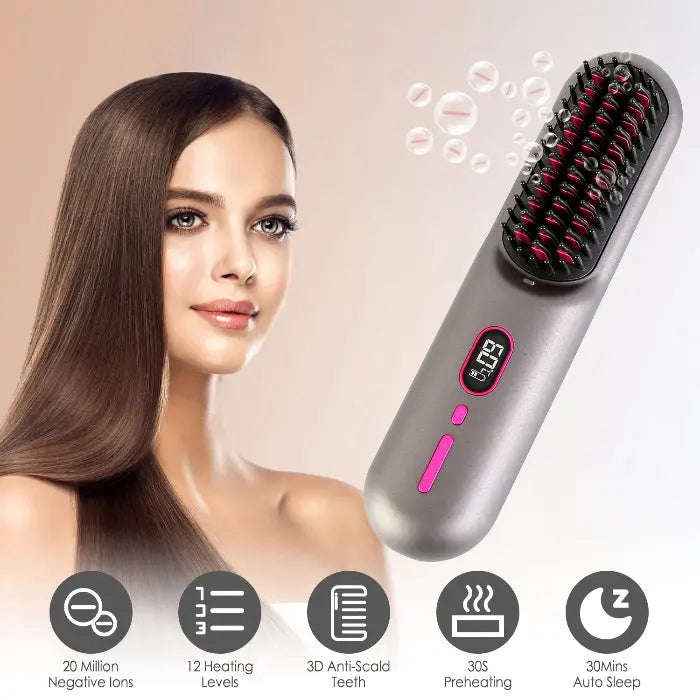 Cordless hair straightener brush — primary view