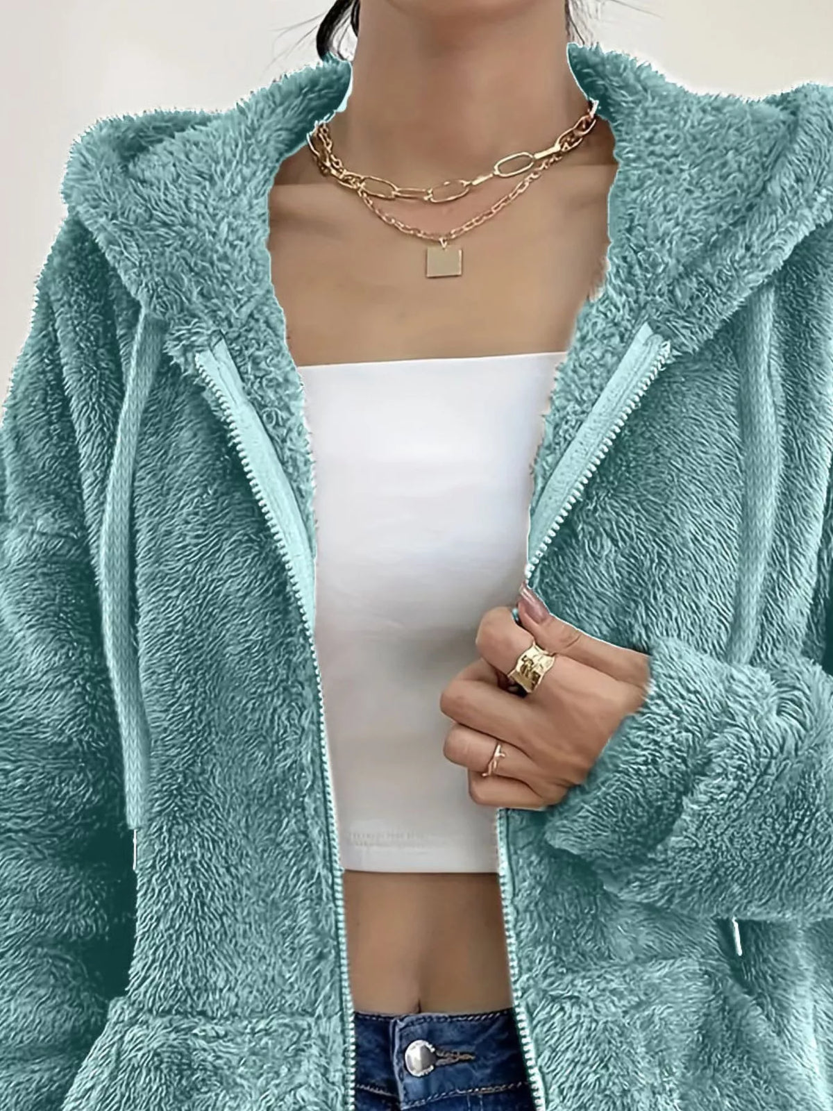 Drawstring Fleece Zip-Up Outerwear, product view 20