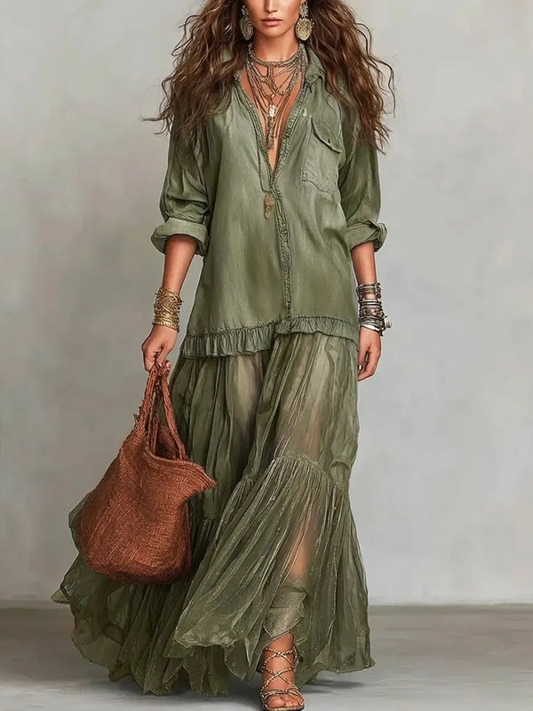 Product detail photo of Faux Denim Lapel Maxi Dress, faux denim lapel maxi dress, everyday style