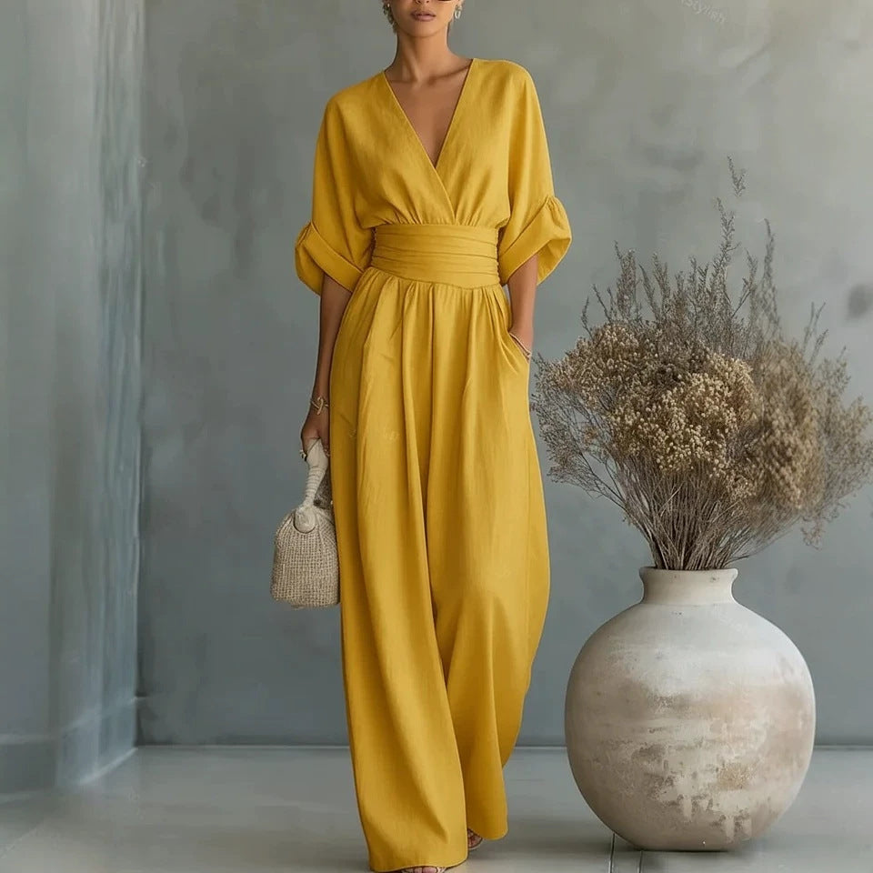 Short-sleeve V-neck wide-leg jumpsuit product image