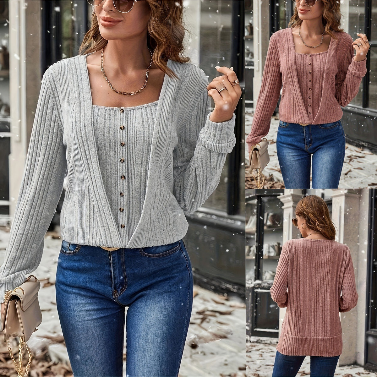Women's Loose Knit Long Sleeve Top - Solid Color Button Sweater product image