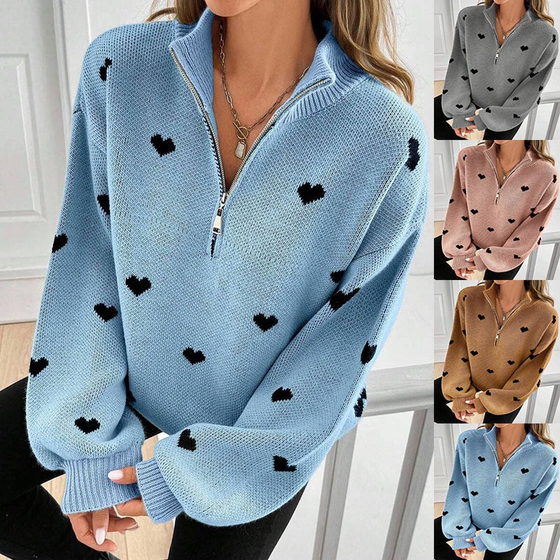 Women's Heart Pattern Knit Sweater – Zip Front product image