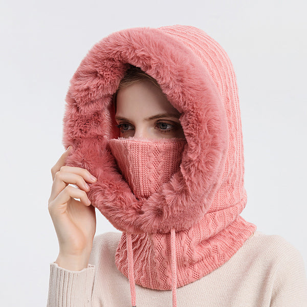 Red plush hooded hat with scarf for women