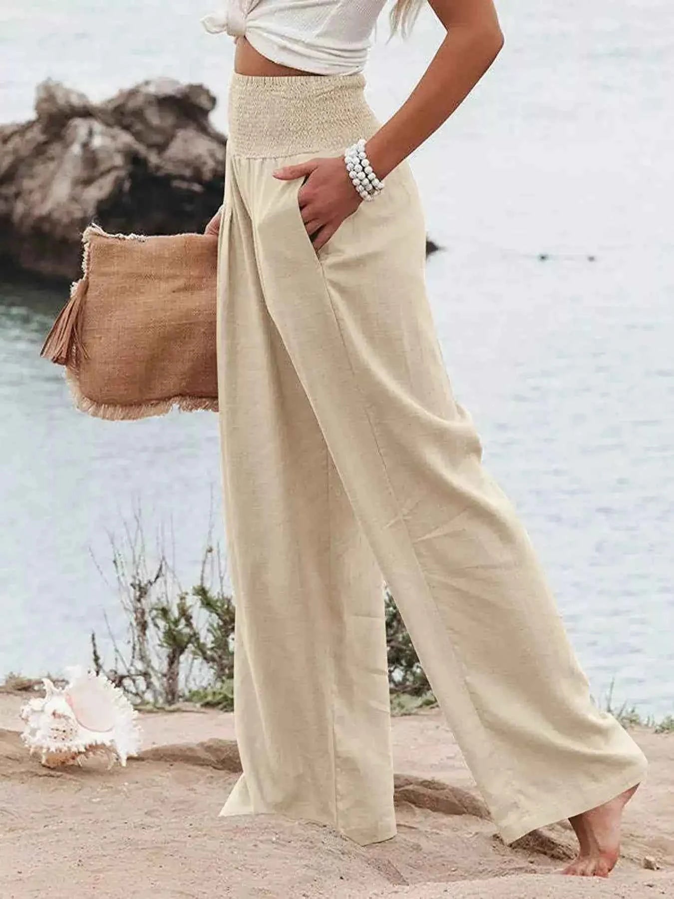 Smocked High Waisted Wide Leg Pants for Effortless Style and Comfort-Bottom-Splashis-Splashis