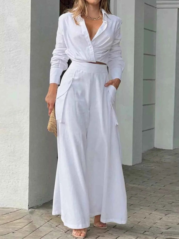 2026 Professional Wide Leg Pants and Shirt Set-Two-Piece Set-Splashis-Color:White-Size:2XL-Splashis