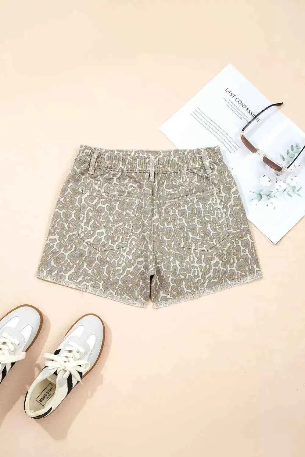 Raw edge leopard print denim shorts — additional view 4