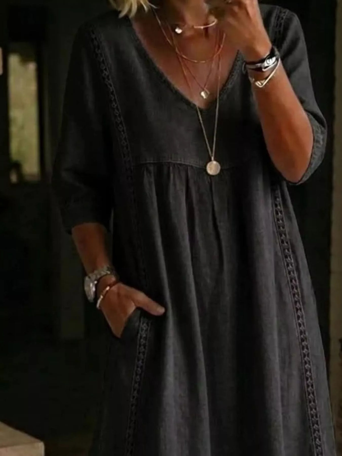Full Size V-Neck 3/4 Sleeve Midi Dress Plus Size, alternate product view