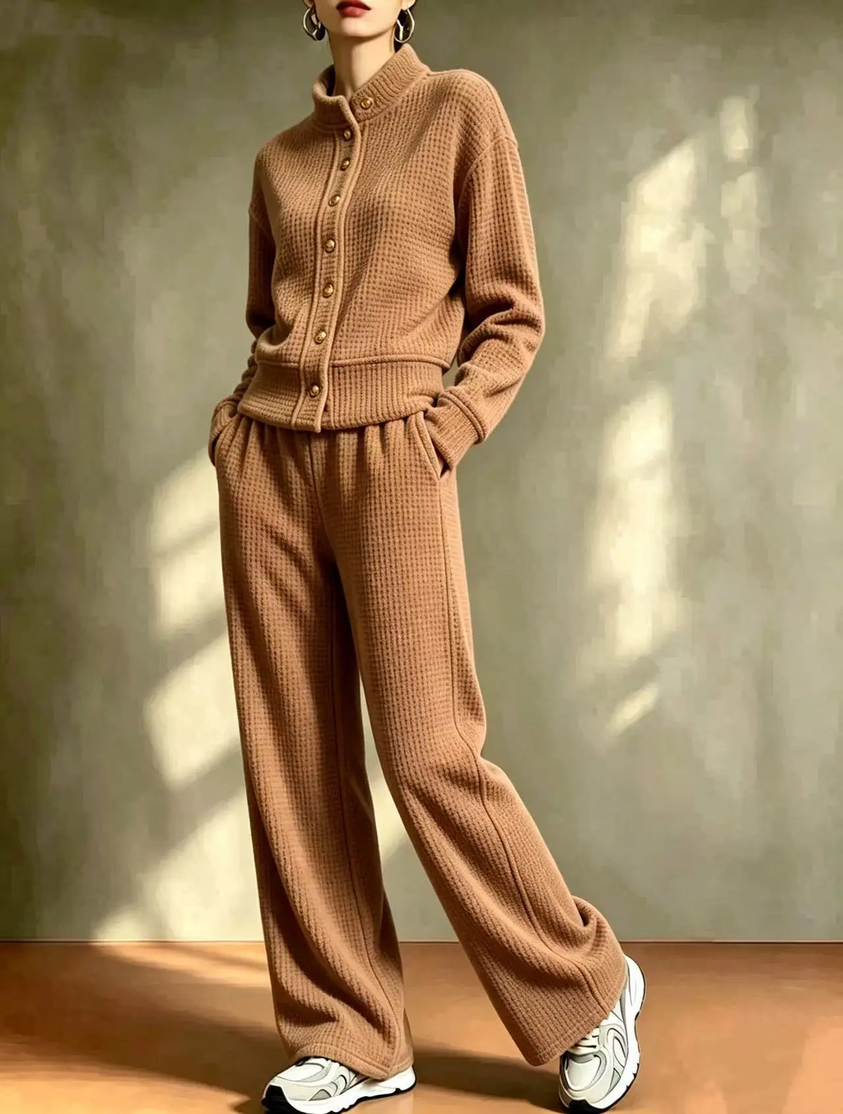 Dark brown women's waffle knit cardigan and pants set