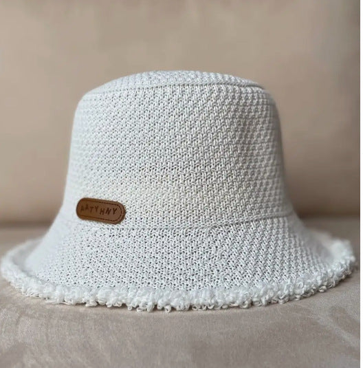 White raw-edge bucket sun hat for women